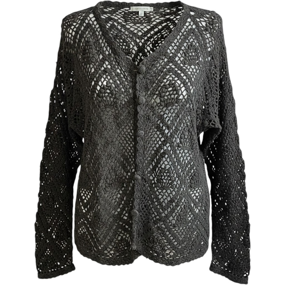 Medium Crochet Cardigan Open Knit Top V Neck Ramie‎ Cotton Blend